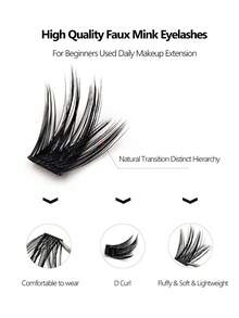 Asiteo 100片D型卷翘蓬松仿貂毛假睫毛，自然纤长簇状假睫毛，柔软蓬松，适合新手DIY眼妆，可重复使用。 - 黑色 - 查看 3