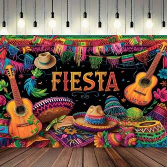 1pc Vibrant Mexican Carnival Photography Background - Fun Cactus & Guitar Props - Perfect For Festive Birthday Parties, May 5th Celebrations - Durable Party Decorations For Memorable Photo Booth Fun