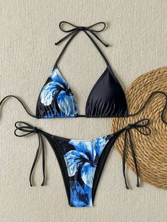 全新夏季海滩泳池派对时尚性感花朵定制印花系带比基尼分体泳衣女士