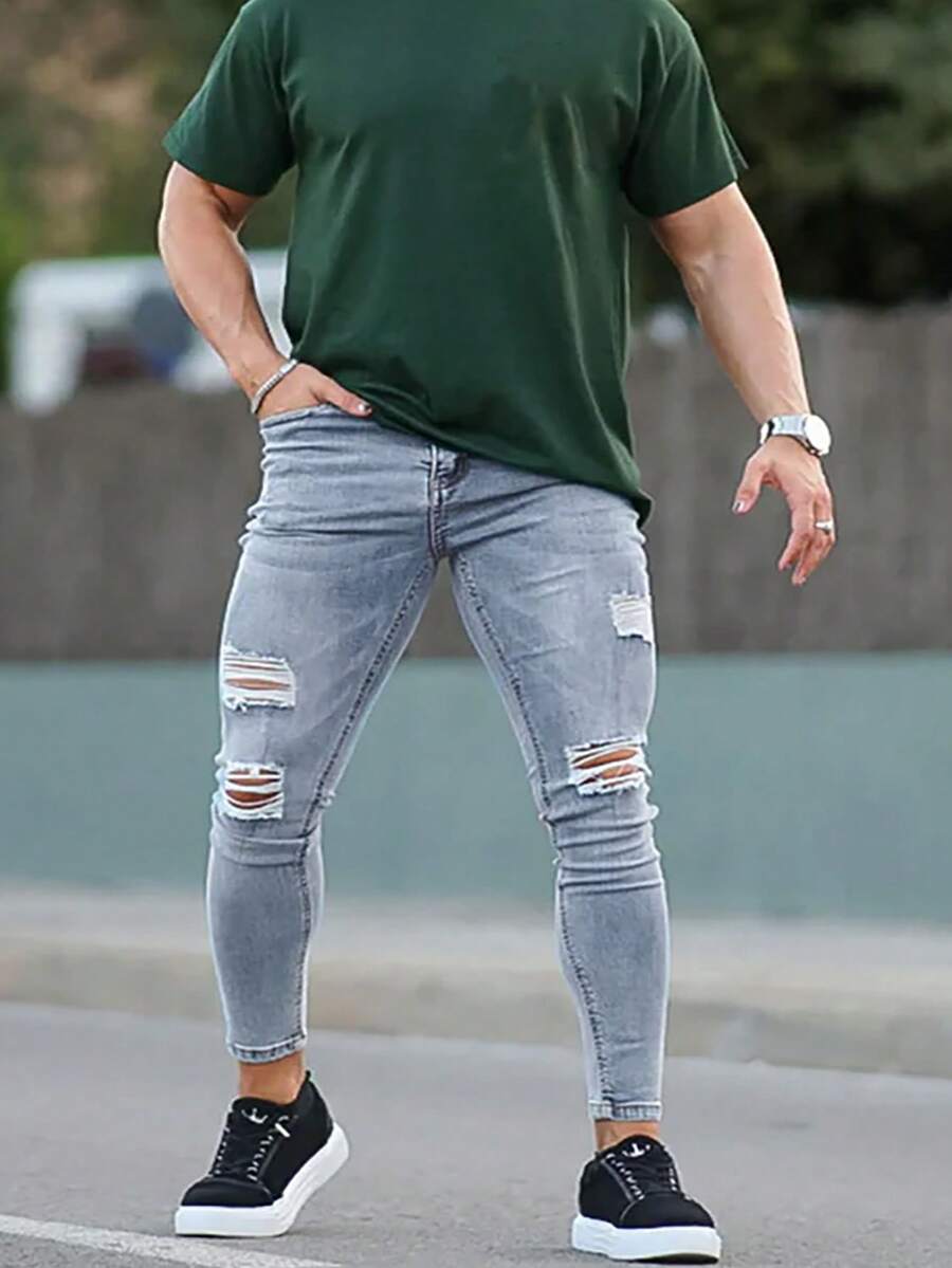 1pc Men's Light Color Elastic Skinny Fit Distressed Versatile Jeans, Outdoor Comfortable Casual Cargo Skinny Jeans, Suitable As Gift For Husband/Boyfriend, Daily Wear - Light Wash - View 1