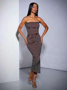 Vestiso mujer strapless largo maxi  rayas  color combinado   casual  dulce  sencillo   canalé  rib  abertura trasera caminar playa  noche de fiesta  vacaciones oficina  casa  diario  fiesta de cumpleaños  jardín  calle  concierto de música country  verano - Marrón Chocolate - Ver 2
