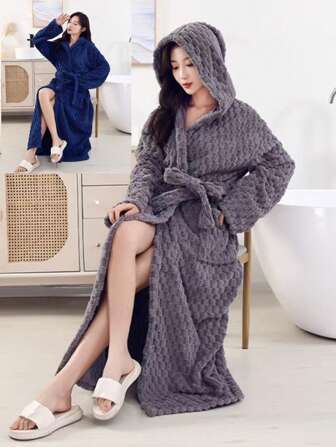 1 件珊瑚绒玳瑁纹理连帽浴袍，长度 130 厘米/51.18 英寸，男女通用，柔软舒适，吸水，适合居家、酒店、沙龙、冬季礼物