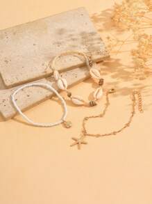 3 pièces/Lot Style Bohème Naturel Coquillage Bracelet de Cheville Fait Main Tressé, Perles de Verre et Étoile de Mer en Alliage Multi-Couche Polyvalent Mode Bijoux Pour Femmes, Convient Pour Port Quotidien, Plage, Fête, Festival de Musique