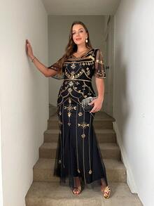 JINLICX Vintage Sequin Plus Size Dress, Fitted Short Sleeve Formal Gown, Party Dress - Black Gold - View 5