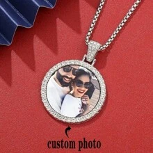 1pc Personalized Photo Pendant Necklace - Hip Hop Luxury Style, Sparkling Rhinestones, Non-Magnetic - Perfect For Men, Ideal For Christmas, Thanksgiving, Teacher's Day, Back To School, Graduation Gifts, Personalized Necklace