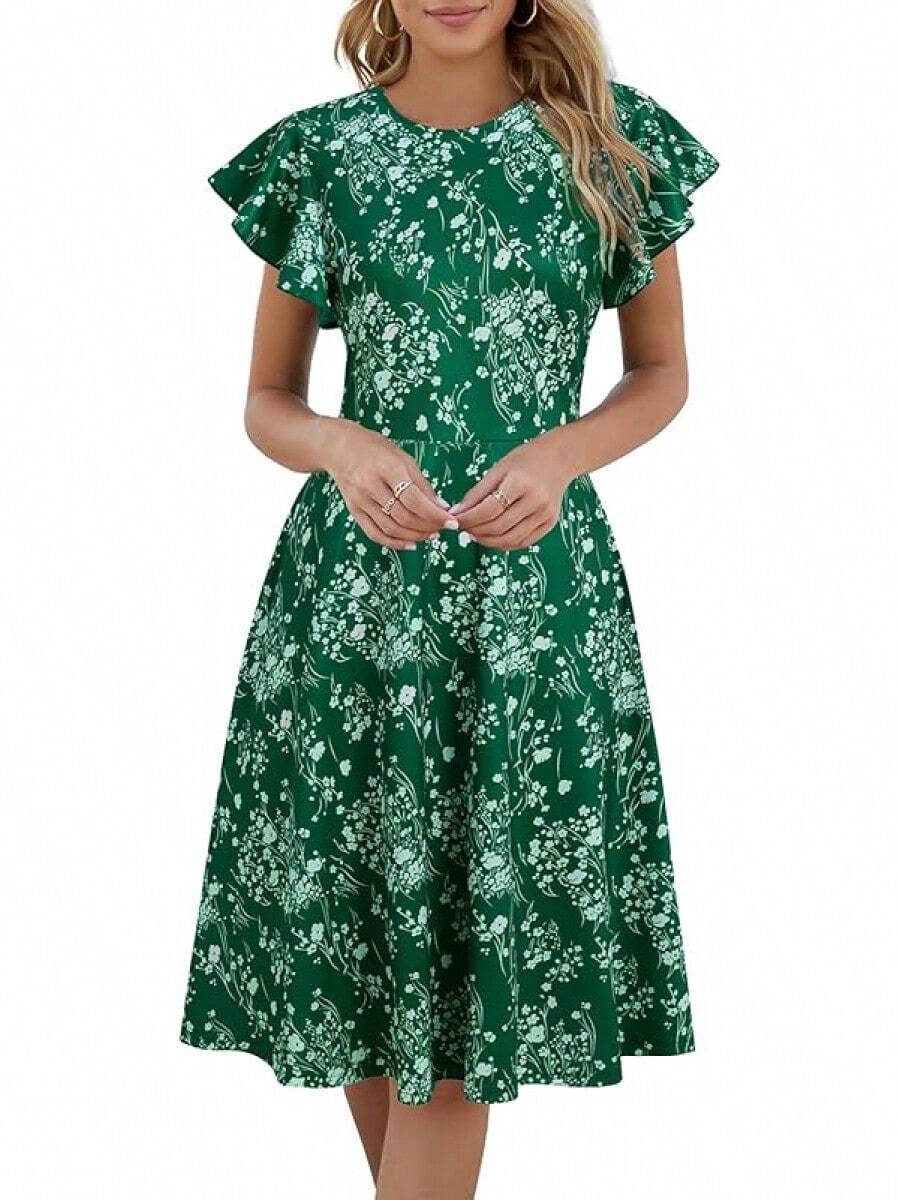 Women's Semi-Formal Ruffle Sleeve V-Back Work Fit And Flare Cocktail Knee Length Dress With Pockets, 2025 Style - Green Floral - 查看 1