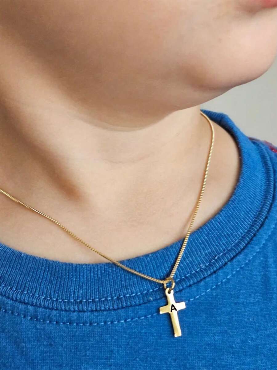 suteyi A-Z Initials Youth Gold Cross Necklace, Exquisite And Small, Suitable For Both Boys And Girls, Can Be Used As A Baptism Gift Or A General Cross Necklace. - Multicolor - View 1