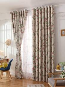 1pc Magpie Flower Printed Blackout Curtain, Chinese Countryside Style 100% Polyester, Suitable For Living Room, Bedroom