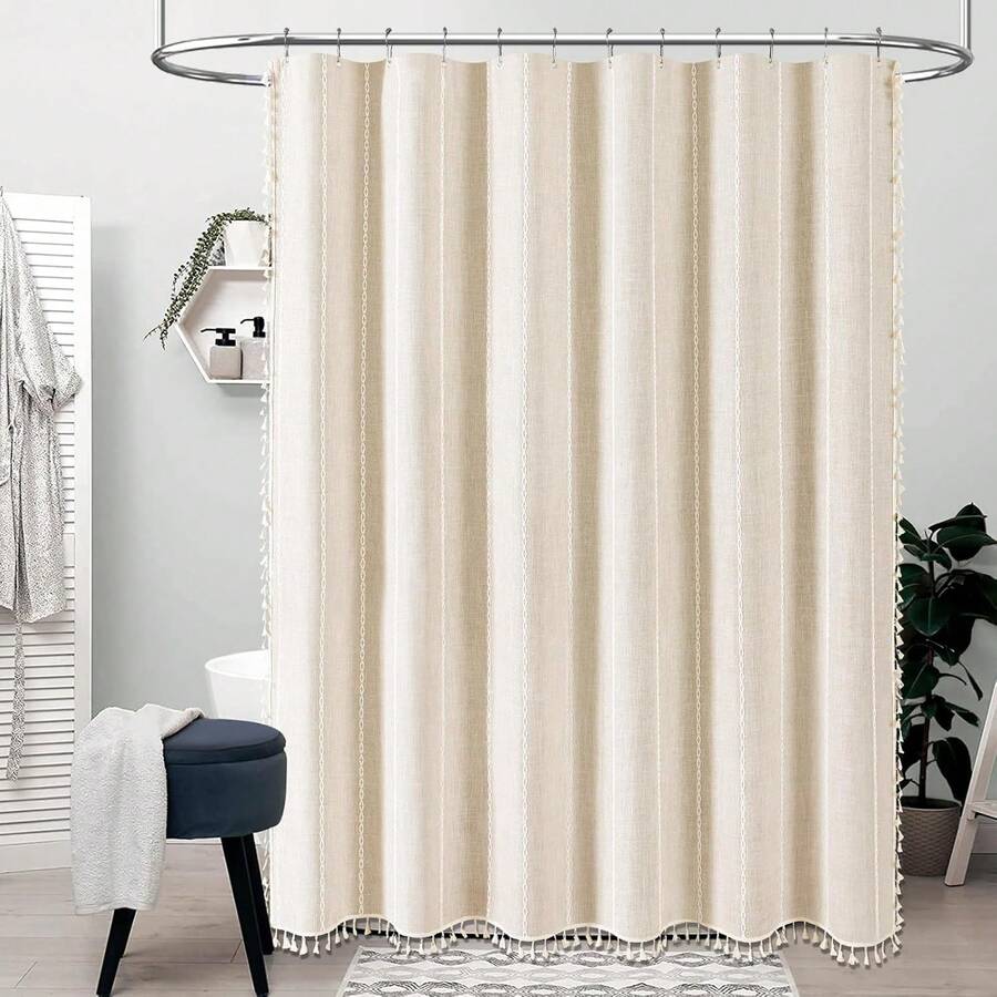 Stall Fabric Shower Curtain - 54x72 Inches Boho Linen Weighted Striped Shower Curtain Set With 10 Hooks, Narrow Rustic Modern Farmhouse Neutral Thick Shower Curtains For Bathroom - Cream/Beige - 膏狀 - 查看 1