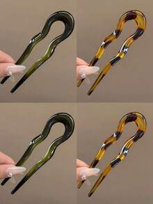 4pcs U-Shaped Hair Clips, Fashion Tortoiseshell Acetate Fiber Hair Clips, Geometric Design Hair Accessories, Hair Bun Maker, Hair Clips, Hair Styling Accessories For Women & Girls, Head Accessories - Multicolor - View 14