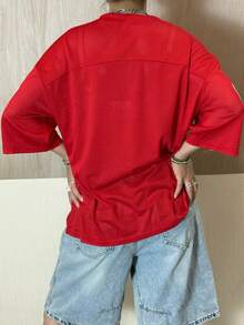 Jersey Shirts For Women Y2k Oversized T Shirt Number Graphic Tees V Neck Half Sleeve Streetwear Tops - 紅色 - 查看 2
