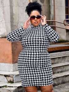 Women's Plus Size Dress Long Sleeve High Neck Elegant Premium Ribbed Fabric - 白色 - 查看 2