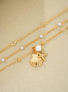 Set de 3 collares elegantes de estilo de moda para vacaciones en la playa con colgantes de estrella de mar, concha, perla falsa y rhinestone, juegos de collares de encanto de metal brillante para fiestas, regalos y uso diario
