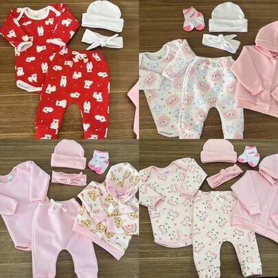 kit soft 14 peças de roupa pra bebe menina - 2body+3calça+1casaco+3touca+2faixa+3meia - enxoval para bebe feminino soft