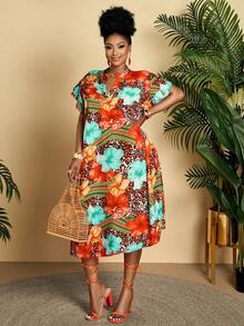 BIUBIU Plus Size Women's Casual Geometric Print V-Neck Ruffle Sleeve Loose Mid-Length Dress, Suitable For Daily, Vacation (Pattern Random) - Orange - View 2