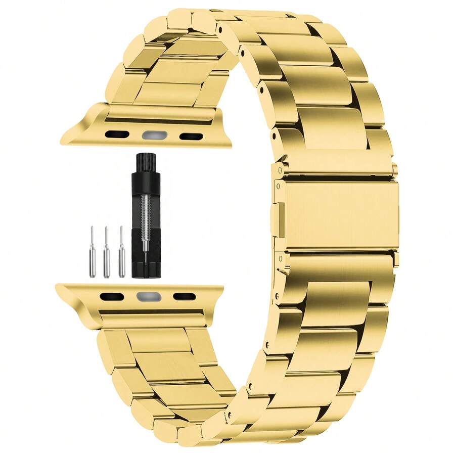 1条兼容的表带,尺寸包括49mm、46mm、45mm、44mm、42mm、41mm、40mm和38mm,商务不锈钢金色表带,兼容 Ultra、SE、Series 11、10、9、8、7、6、5、4、3、2、1,男女皆宜,是学生返校的理想礼物 - 金色 - 查看 1