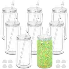Paquete de 8 tumblers tipo globo de nieve de pared doble de 16 onzas, tazas de frascos de albañil con glitter DIY con tapa, pajita y tapón de silicona - Lavar a mano, libres de BPA y PVC, botellas de agua de plástico ligero para Halloween y Acción de Gracias - Multicolor - Ver 2