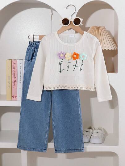 Set de 2 piezas con Blusa de manga larga con patrón de flores 3D de colores dulces y casuales y Pantalones de jean, apropiados para principios de otoño, primavera y verano, de vuelta a la escuela, uso diario