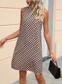 Geometric Pattern Sleeveless Casual Elegant Short Dress For Women, Office Wear (Belt Not Included)