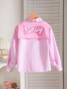 年轻女孩长袖条纹领衬衫，优雅“Honey”字母设计斗篷，时尚文艺范儿，适合春秋季休闲出游、聚会、度假 - 粉色 - 查看 3