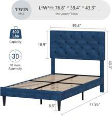 HOMBCK Estructura de cama tapizada con cabecero, estructura de cama de tela de lino con cabecero capitoné, sin somier, fácil montaje, tamaño individual/matrimonial/queen/king, beige/rosa/gris oscuro/gris/azul