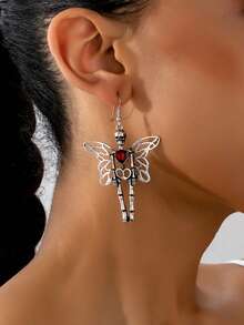 1 对哥特式复古夸张心形骷髅骨天使翼个性万圣节耳环，适合女士情人节、妈妈、母亲节、礼物