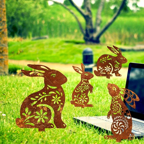 1PC Simple Metal Rabbit Garden Stake - Rusty Finish, Perfect For Outdoor Decoration, Backyards, Terraces, And Farms
