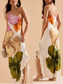 Women's One Shoulder Long Cami Dress Sleeveless Flower Print Beach Holiday Dresses - 黃色 - 查看 2