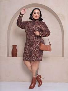 Women's Plus Size Dress Long Sleeve High Neck Elegant Premium Ribbed Fabric - 鏽棕色 - 查看 5
