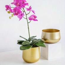 1pc Golden Metal Vase With Drainage Hole, Golden Plant Pot, Modern Decorative Planter For Indoor/Outdoor Decor, Perfect For Wedding Decor, Room Decor, Home Decor And Garden Decorations