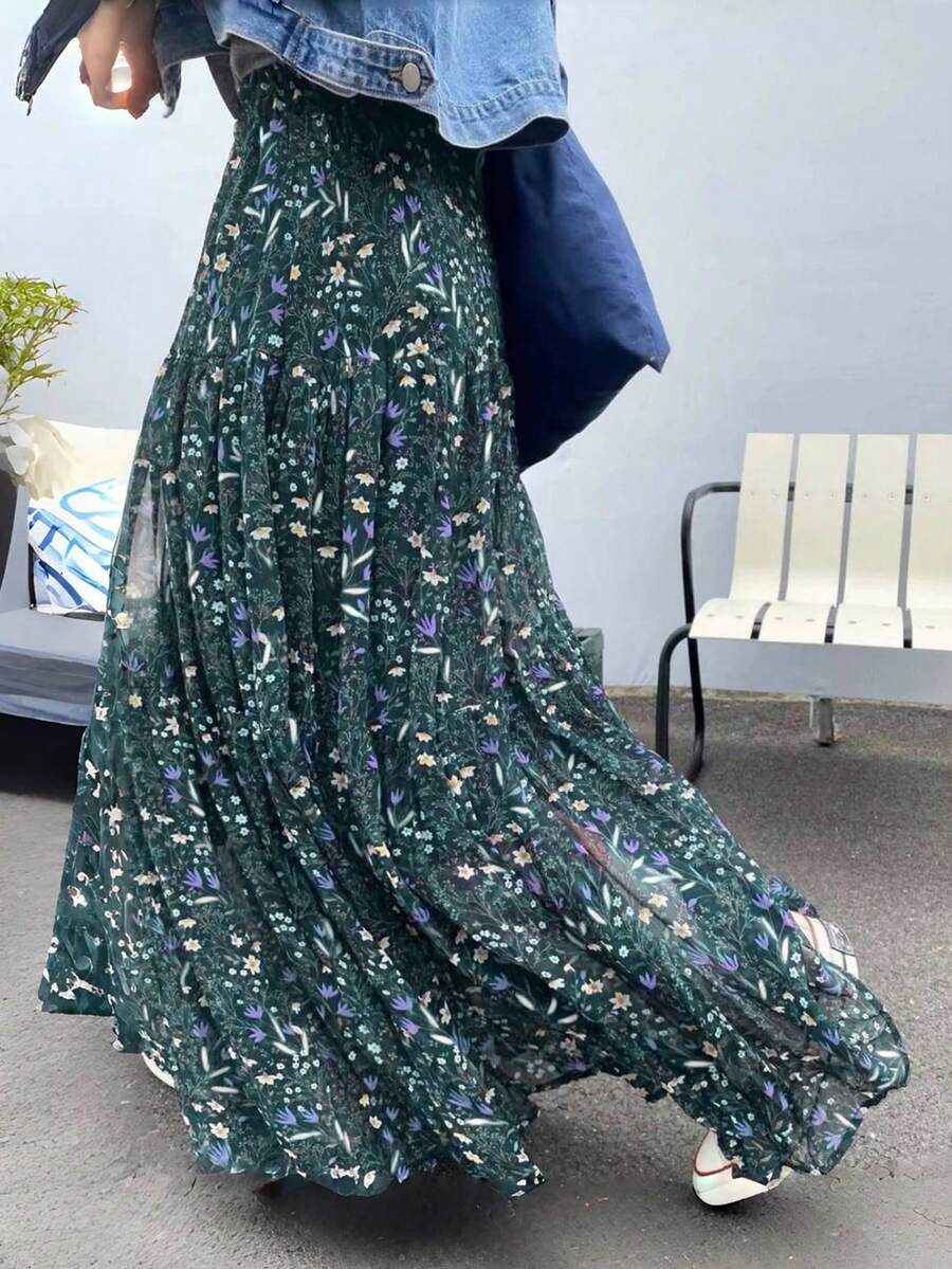 EARO 女式海军蓝碎花 A 字裙，高腰休闲宽松度假优雅设计拼布喇叭裙，春秋 - 墨綠色 - 查看 1