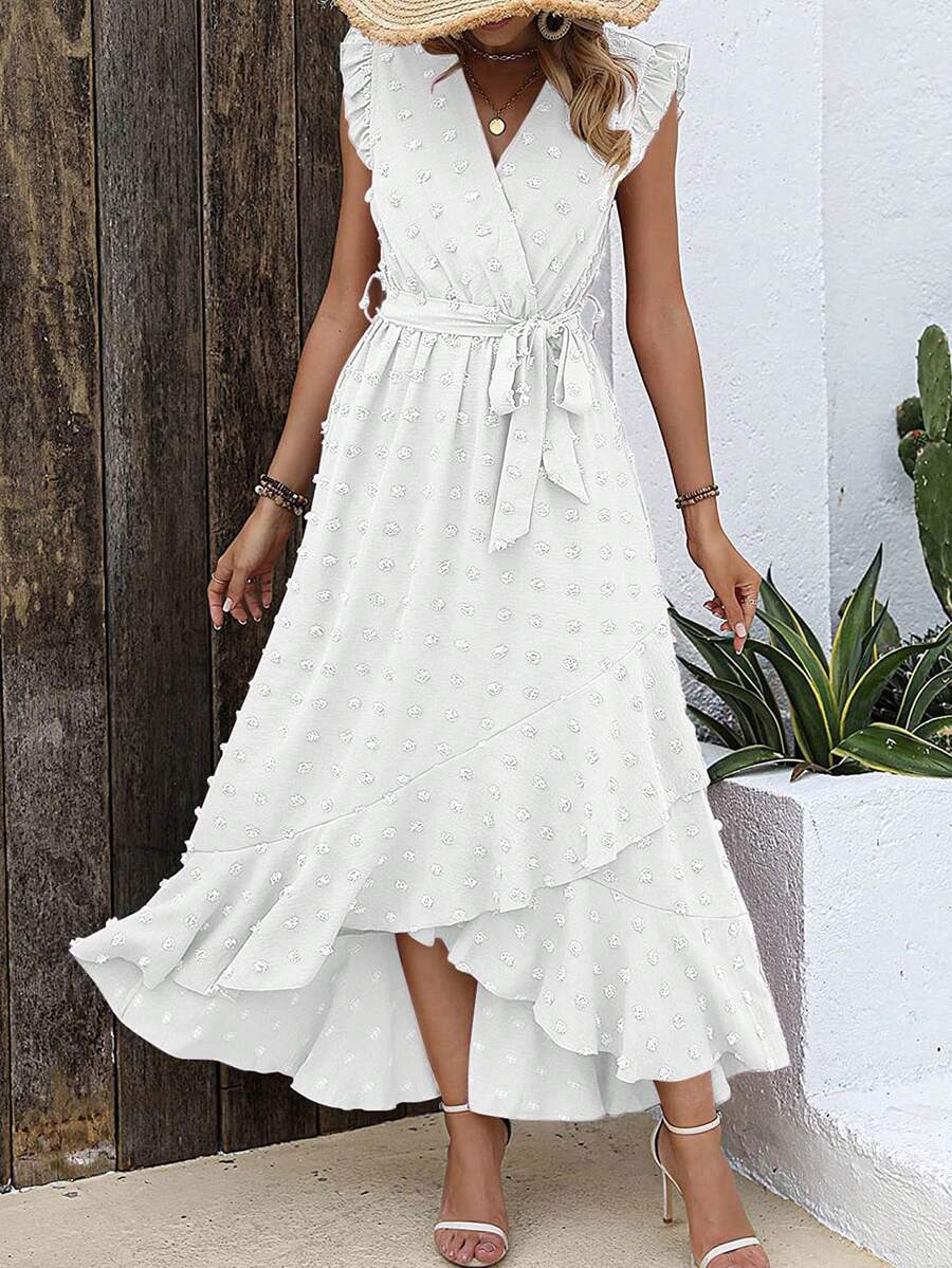 Vestido Largo De Color Sólido Para Mujer Con Cinturón De Tela,Vestido Con Olán y Corte Bajo Asimétrico - Blanco - Ver 1