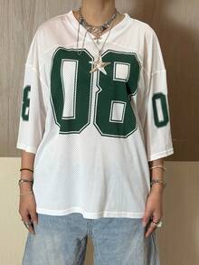 Jersey Shirts For Women Y2k Oversized T Shirt Number Graphic Tees V Neck Half Sleeve Streetwear Tops - 白色 - 查看 4