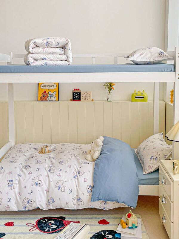 4pcs Children Dormitory Bedding Set, Suitable For Bunk Bed, Nursery, Child's Room, Includes 1pc Duvet Cover, 1pc Fitted Sheet, 2pcs Pillowcases, Double-Sided Printed Design