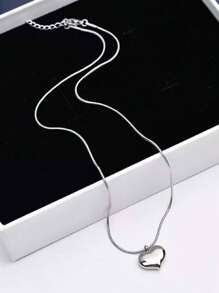 1pc Silver Plain Solid Heart Snake Bone Chain Stainless Steel Women Snake Bone Pendant Necklace, Minimalist & Fashionable