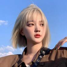 かつら女性のショートヘアボブヘア日本ミルクティーゴールドショートストレートヘアファッション年齢を軽減する模造フルリアルナチュラルフルヘッドセット - ホワイトゴールド - チェックする 5