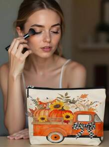 1pc Autumn Pumpkin Sunflower Maple Leaf Bow Carving Letter & Linen Print Makeup Bag, Cute Travel Cosmetic Bag & Multipurpose Coin Purse, Convenient Gift For Women
