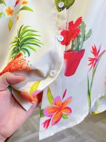 Women's Fashion New Single-Breasted Long Sleeve Parrot, Pineapple, Cactus & Feather Print Shirt