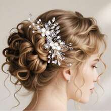 手工可调节珍珠发梳，白色水晶发饰，派对/婚礼发型配饰，新娘发夹（不含包装盒）情人节配饰 - 銀色 - 查看 4
