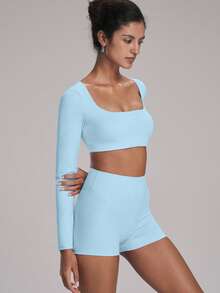 FWH 时尚瑜伽、户外、跑步、约会、通勤百搭多功能弹力性感街头休闲舒适校园青春长袖上衣，配有可拆卸胸垫和褶皱臀部设计，显瘦提臀美腿，优雅简约两件套运动服，女款 - 藍色 - 查看 7