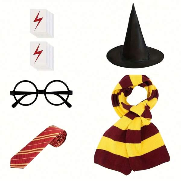 Conjunto de 5 piezas de disfraz de rol de mago para fiesta: corbata a rayas, armazón de gafas, parche de rayo, sombrero de mago, bufanda tejida a rayas de Halloween, decoraciones de fiesta de rol de cumpleaños