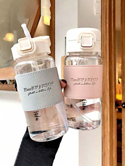 塑料吸管水杯 - 适合优秀学生，男女通用，耐热，日式风格，简约清新，适合女士，水瓶，适合户外、露营