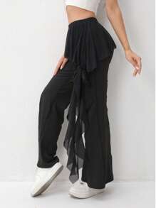Women's Solid Color Ruffle Hem Mesh Flare Casual Sports Pants