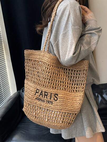 New Embroidery Letter Hollow Straw Handbag, Women Large Capacity Handmade Woven Shoulder Bag, Water Bucket Basket Tote Bag