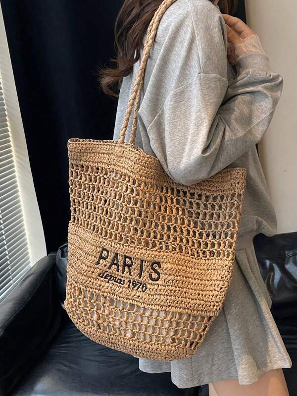 New Embroidery Letter Hollow Straw Handbag, Women Large Capacity Handmade Woven Shoulder Bag, Water Bucket Basket Tote Bag