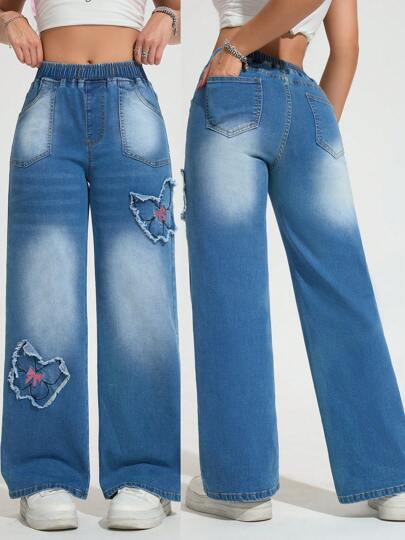 Jeans de pierna ancha con cintura elástica y bordado vintage para adolescentes