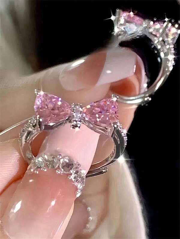 1pc Sweet & Elegant Pink Bow Heart Shaped Adjustable Ring, Suitable For Women, Everyday/Party Wear Valentines,Mom,Mother,Mother's Day,Gift