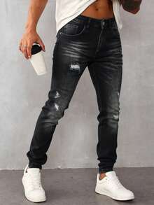 Pantalones vaqueros negros con rotos y degradado desgastado, diseño moderno, tela suave y flexible, casuales y versátiles - Negro - Ver 3