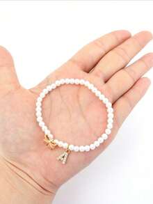 1 pieza Nuevo brazalete con colgante de lazo con letra de circonita y cuentas, para mujer - estilo 1 - Ver 3