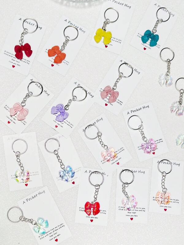 1/5/10pcs Iridescent Bowknot Key Chain Set With Hug Greeting Card, Cute Sweet Key Ring Accessories For Bags, Cars, Phones, Earphones, Party Favors, Gifts